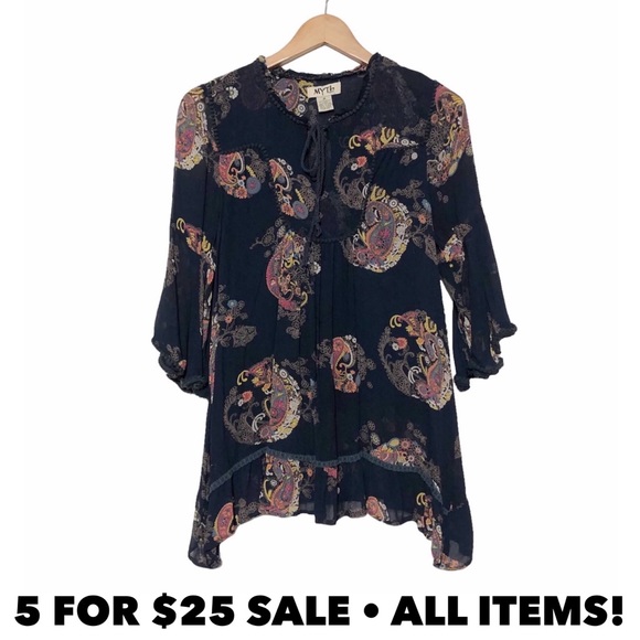 Myths Tops - Myth Printed Layered Tunic Blouse Size Medium Blue